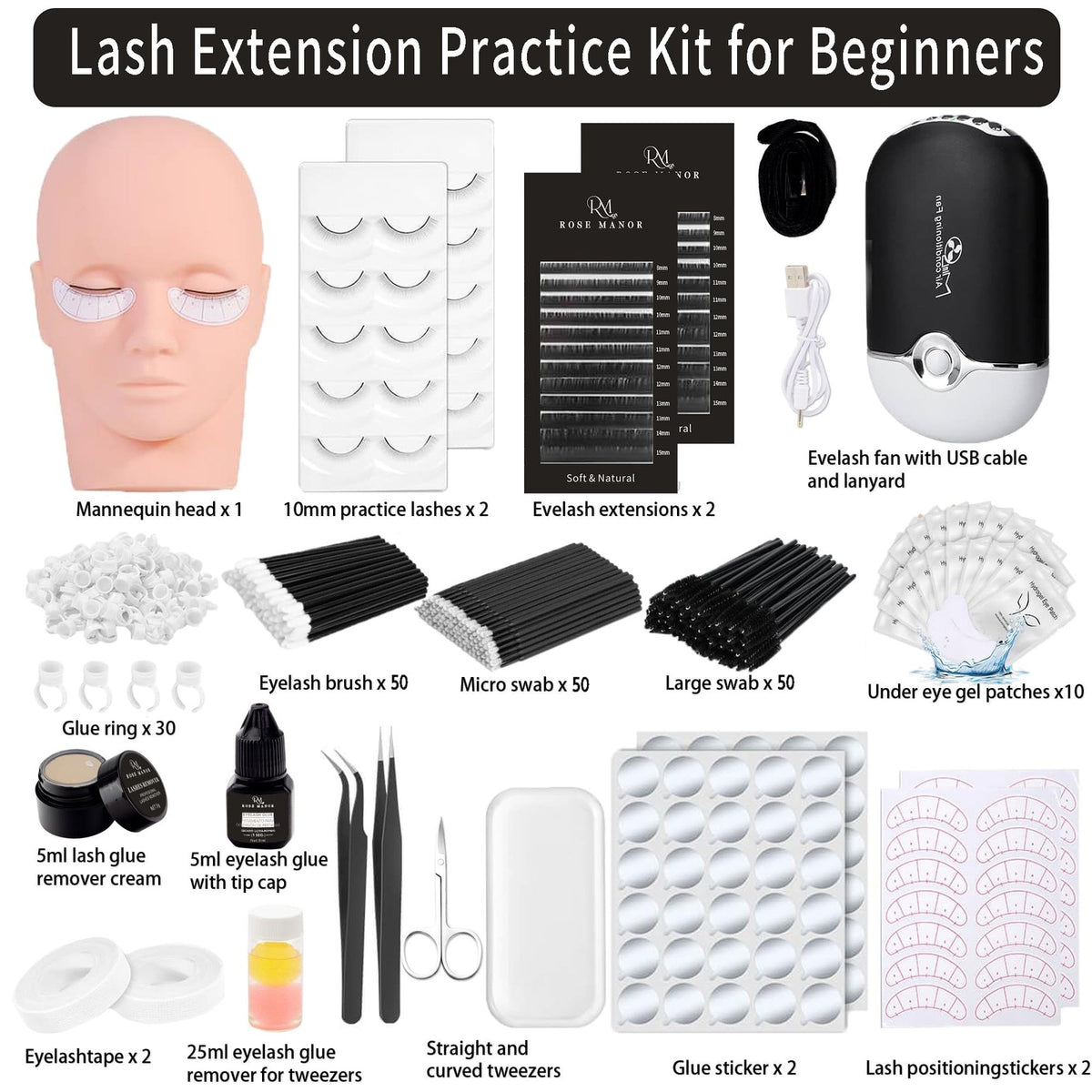 Eyelash Extension Kit for Beginners - Complete Lash Set with Glue, Tweezers & Practice Mannequin