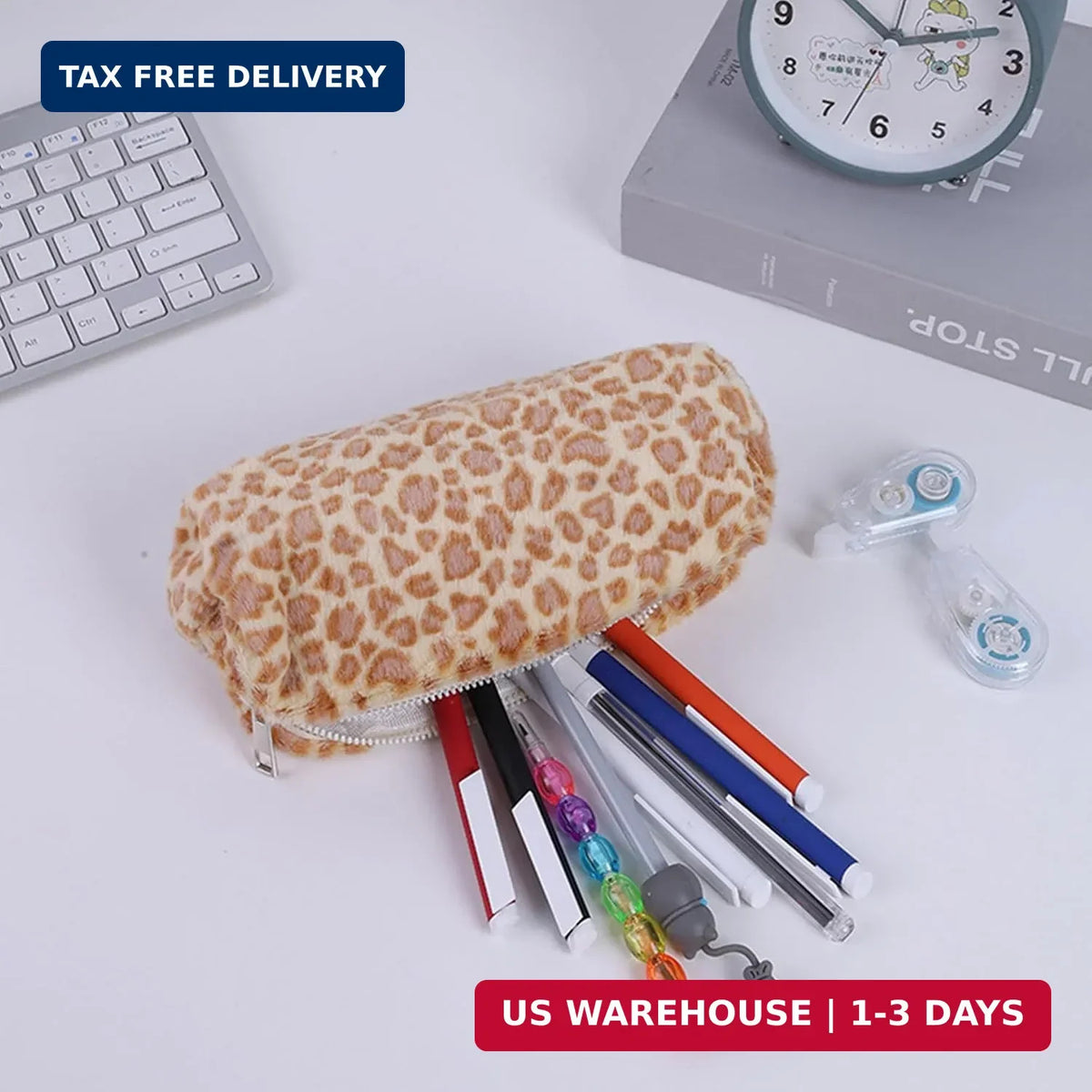 Leopard Print Plush Makeup & Pencil Case - Large Capacity Faux Fur Bag