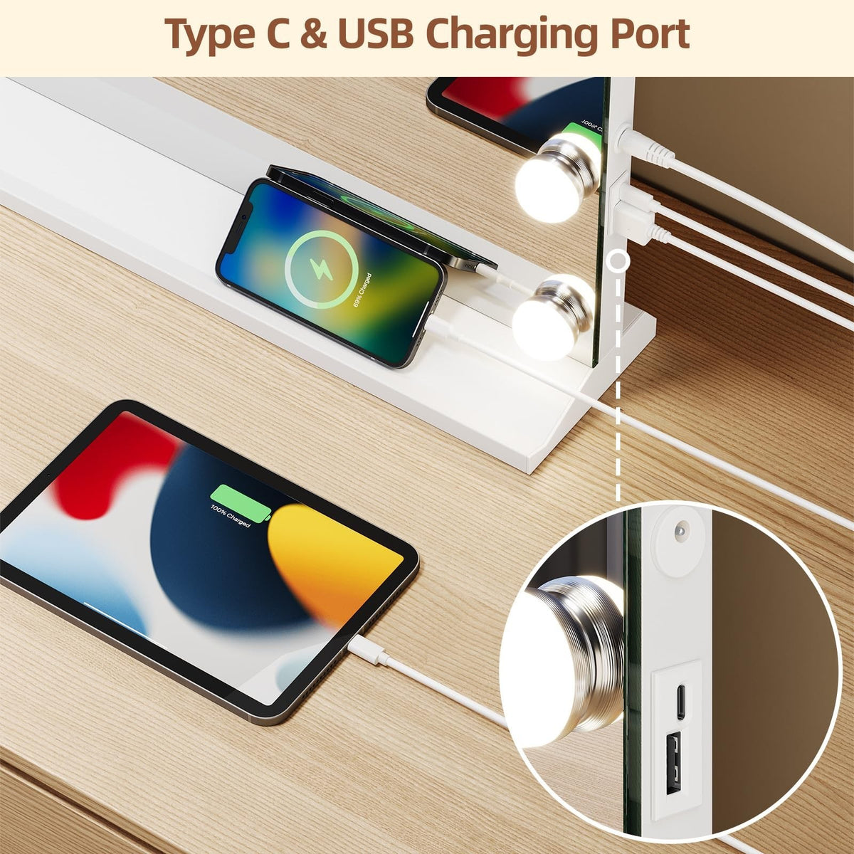 LED Hollywood Vanity Mirror with Lights & 5X Magnifier, USB-C Charging