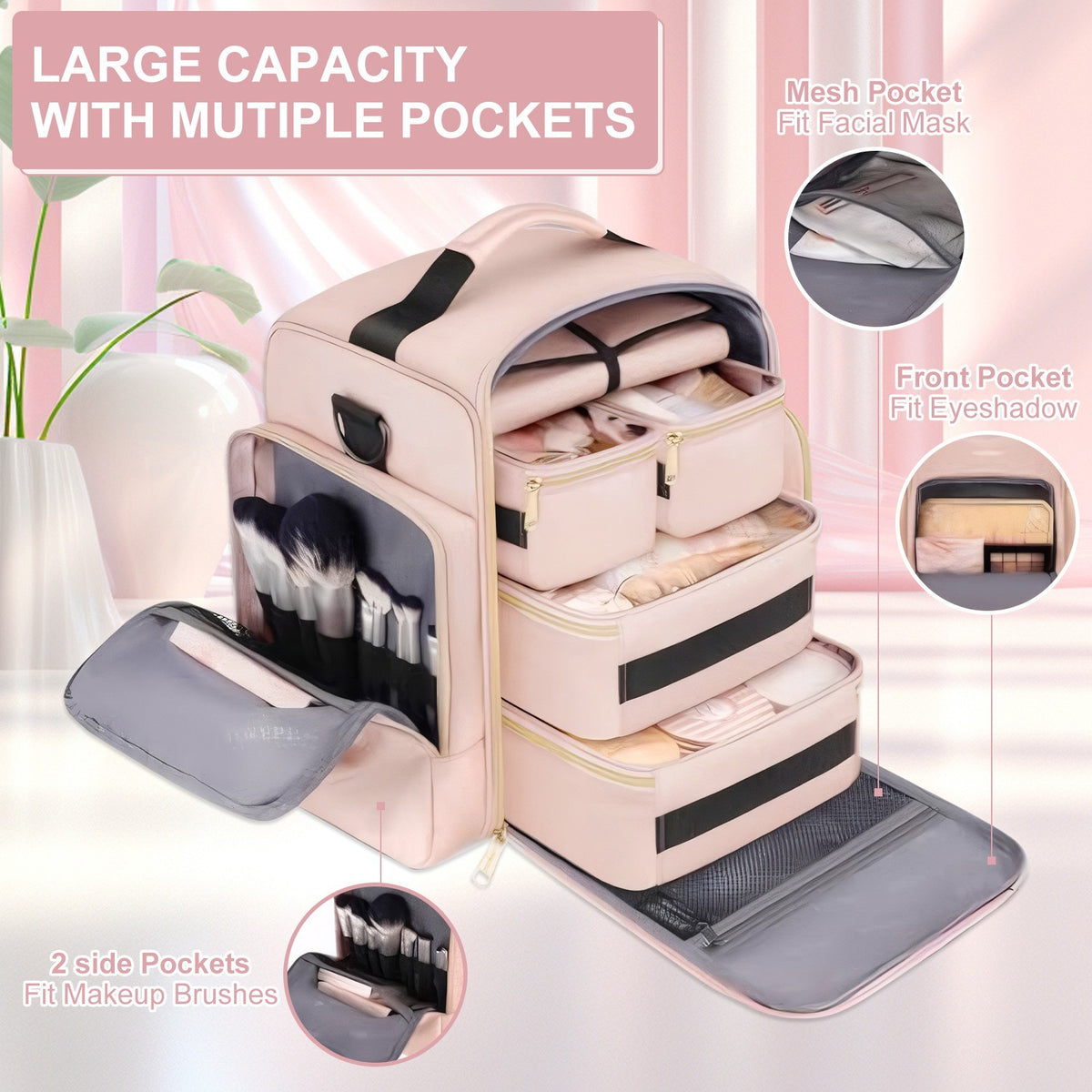 Large Travel Makeup Organizer Bag with 2 Removable Cases - Pink