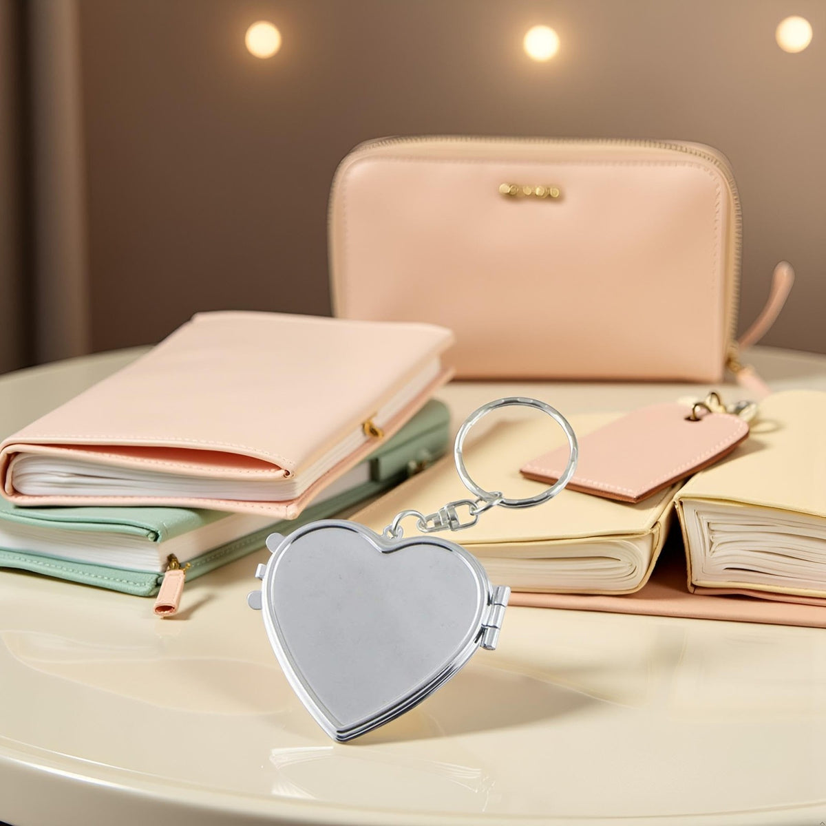 Silver Metal Heart-Shaped Pocket Mirror with Keychain - Travel & Makeup Accessory
