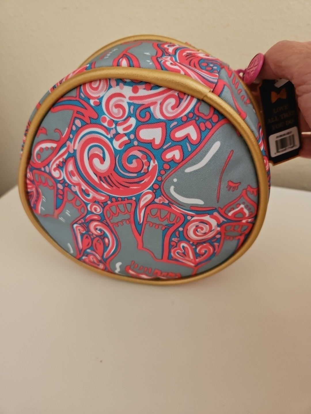 Pink and Gold Cosmetic Bag with Zipper - Round Travel Organizer