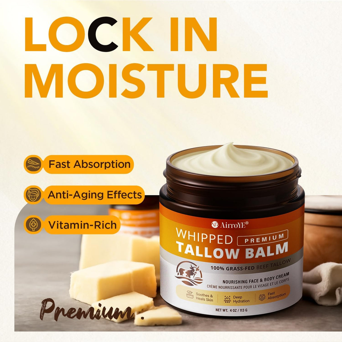 Grass-Fed Beef Tallow Skin Moisturizer - Natural Hydrating Balm 4oz