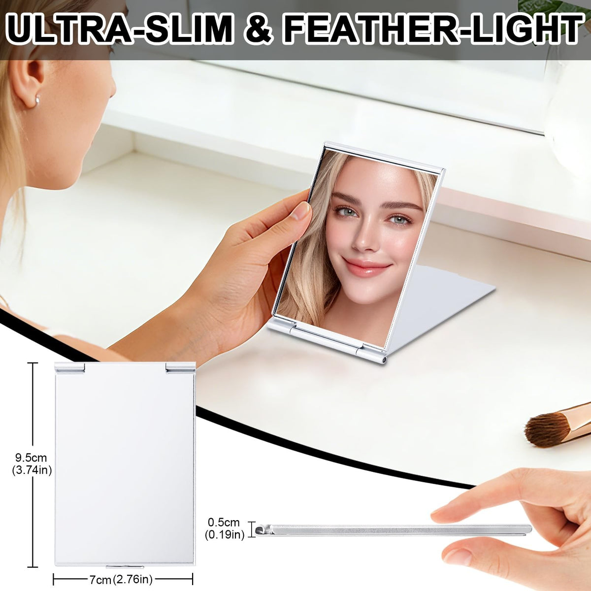 Portable Rectangular Travel Mirror - Silver Compact Makeup & Handheld Mirror