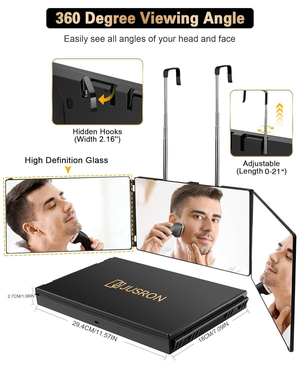 Self Hair Cutting Mirror with 360° Viewing, Anti-Fog HD Glass, Wall & Table Mount