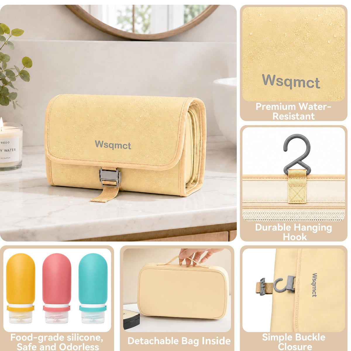 Travel Toiletry Bag Waterproof Hanging Cosmetic Organizer with 3 Bottles