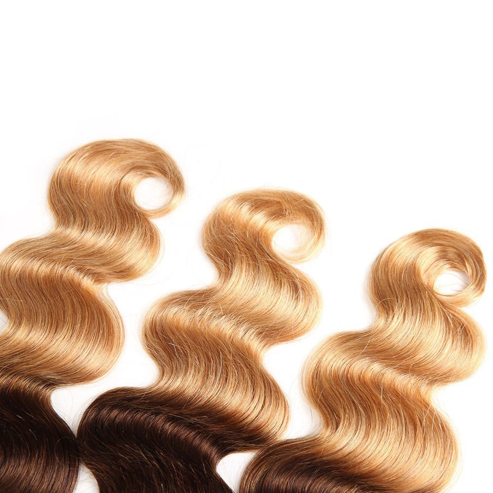 100% Human Hair Weave: Ombre Body Wave 1 Bundle 14-20in (1B/4/27)