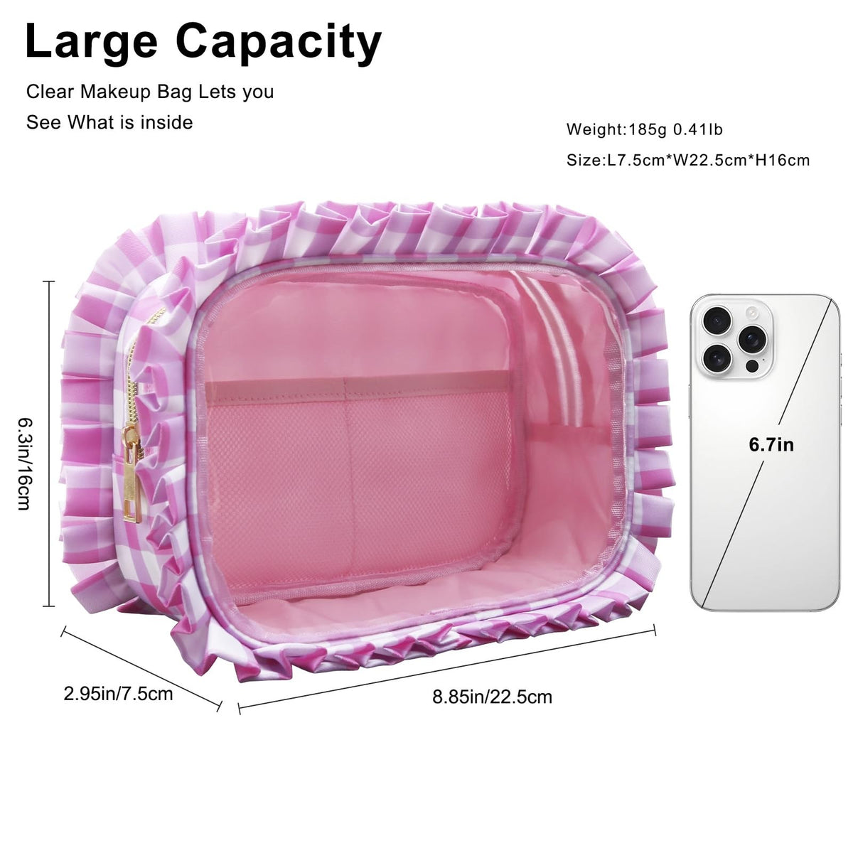 Large Transparent Makeup Bag with Ruffles - Travel Toiletry Organizer