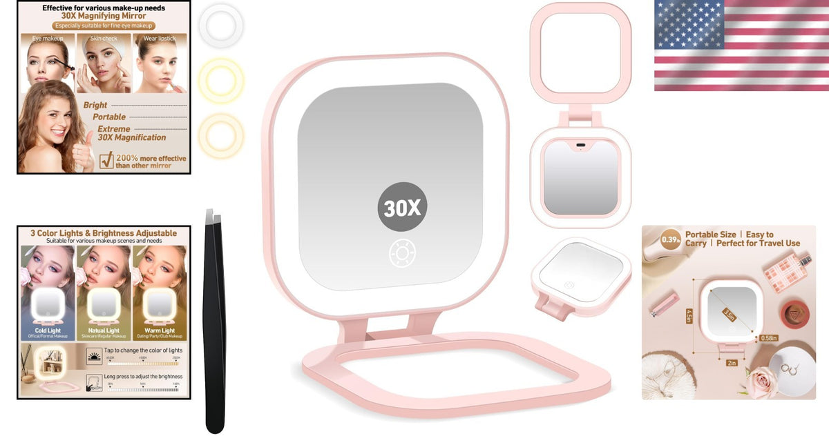 LED Lighted Makeup Mirror 30X Magnification with 3 Light Modes Portable