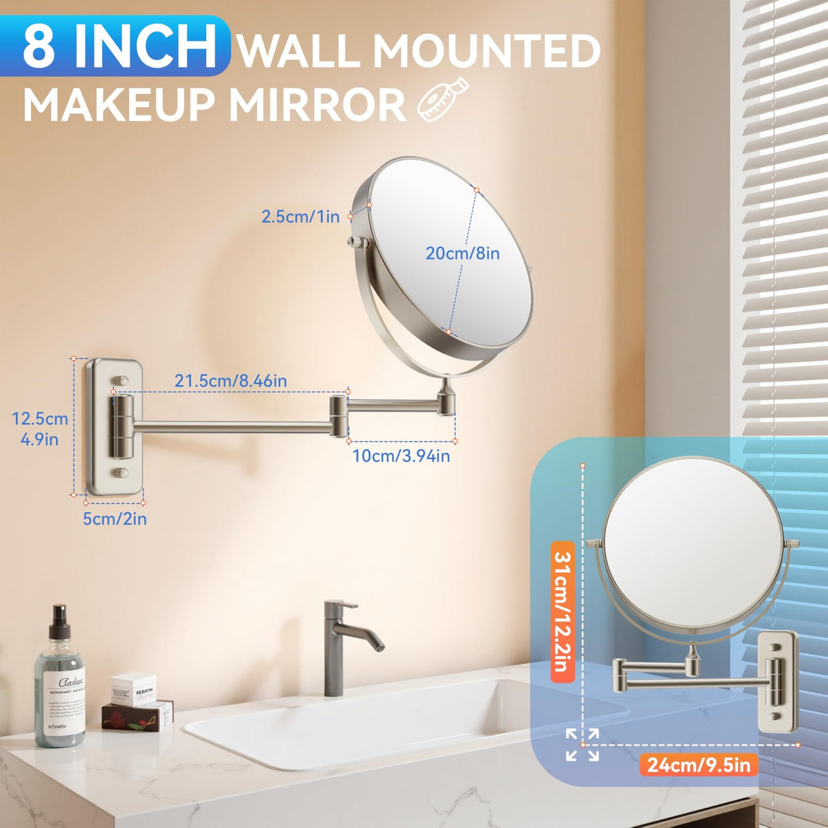 Wall Mounted Makeup Mirror with 1X/30X Magnification, Extendable Swivel, Nickel Finish
