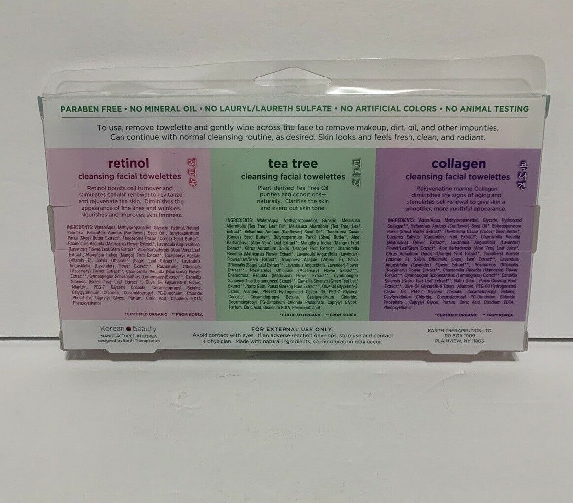 Earth Therapeutics 3-Pack Makeup Remover & Facial Cleansing Wipes with Retinol Tea Tree Collagen