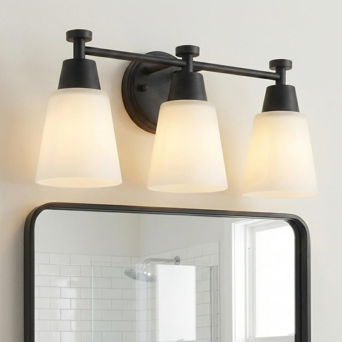 Modern Matte Black 3-Light Bathroom Vanity Light with Frosted Glass