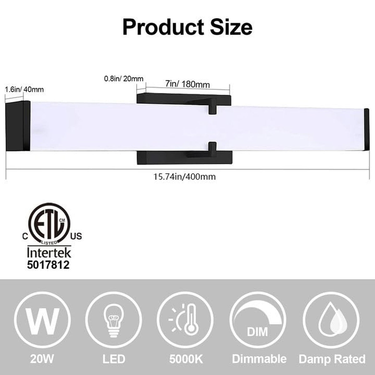 16-Inch LED Bathroom Vanity Light - Modern Black Wall Mount Fixture 5000K