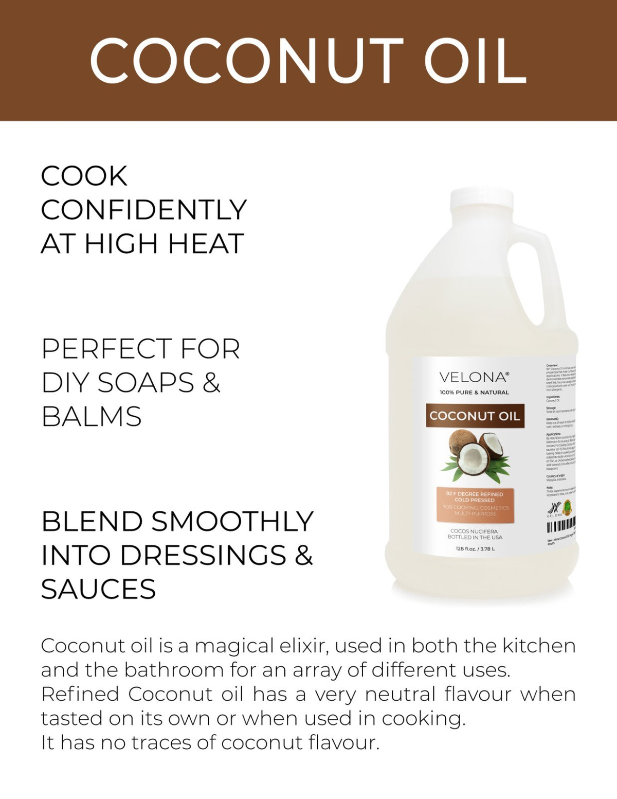 Pure Refined Coconut Oil 92 Degree - Multiple Sizes for Skincare & Cooking