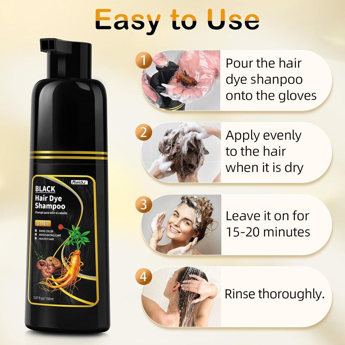 3 in 1 Hair Dye Shampoo for Gray Hair Cover and Conditioner - Herbal Ginseng, 150ml
