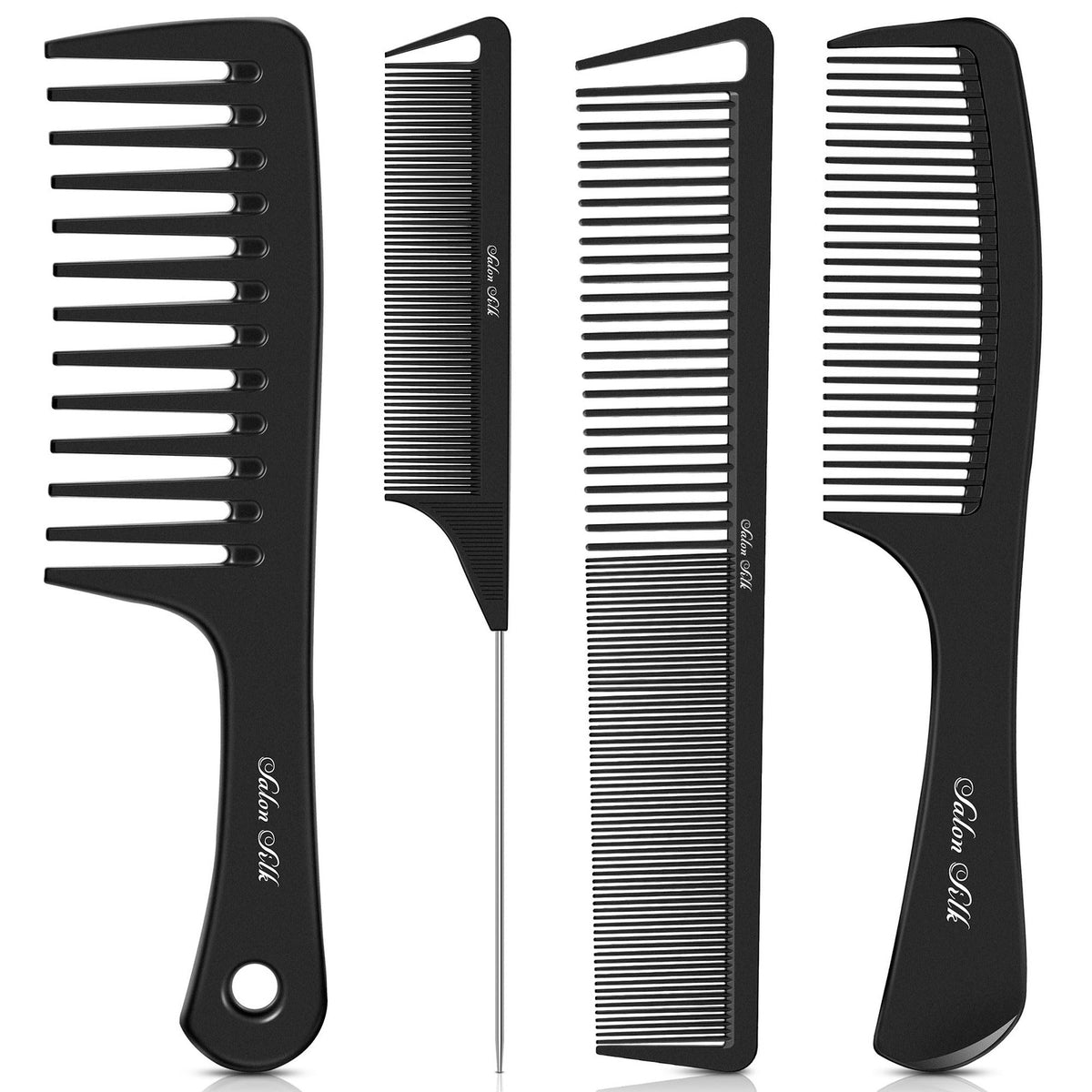 Professional Hair Comb Set - Wide Tooth, Rat Tail, Medium & Braiding Combs, Black