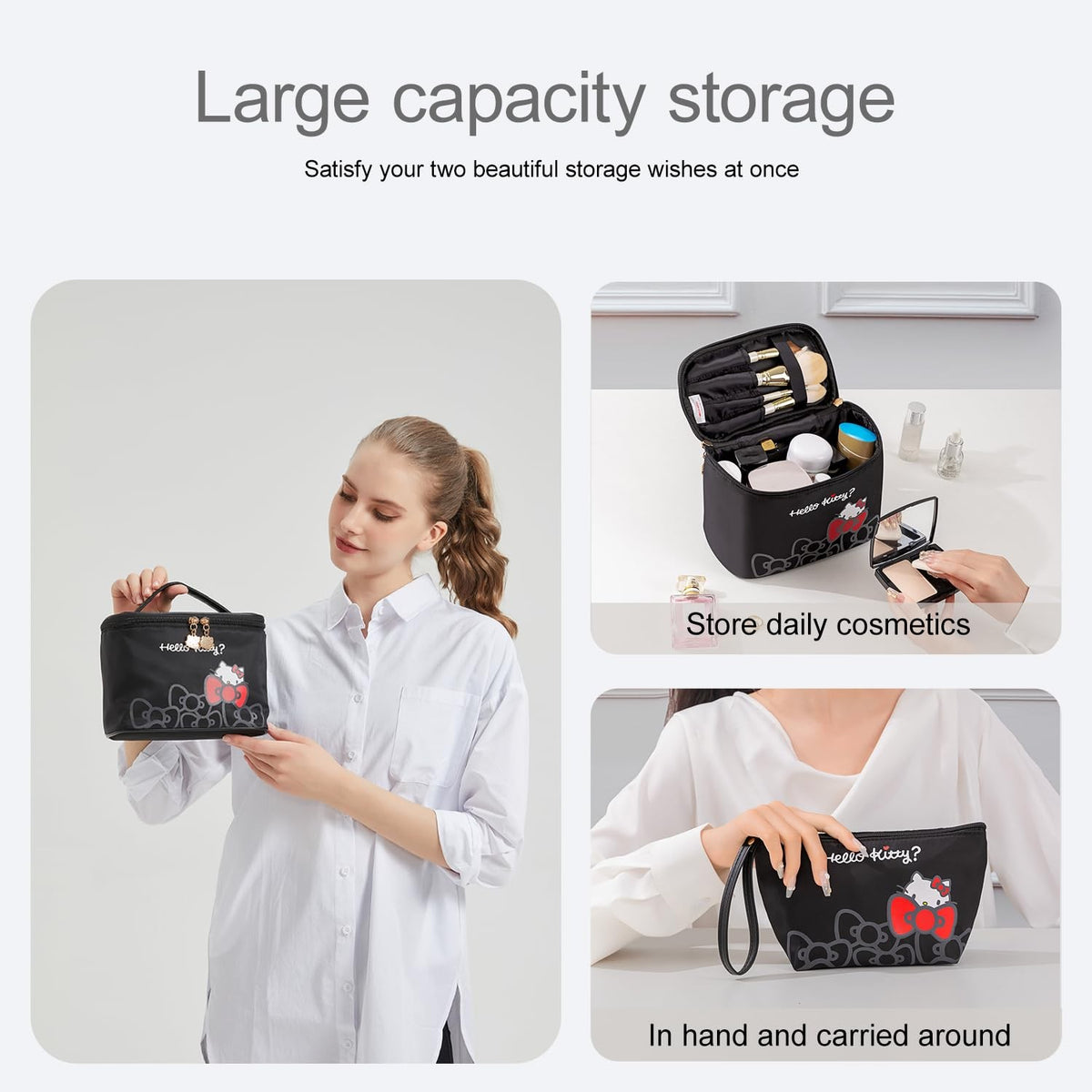 Large Waterproof Travel Makeup Bag Set with Matching Wrist Pouch - Black 2PCS