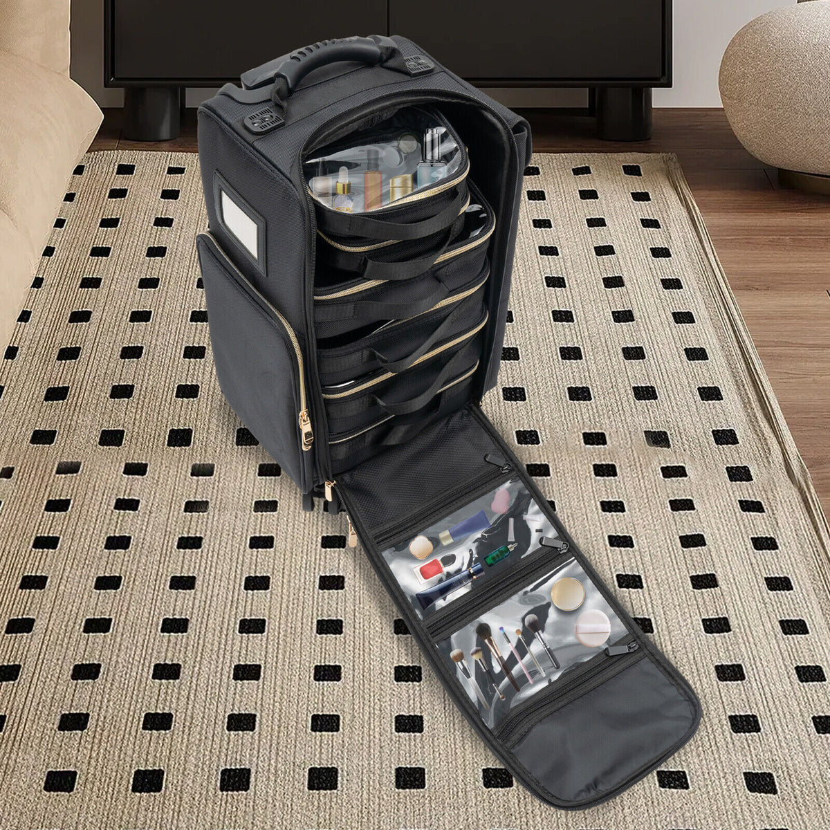 Rolling Makeup Train Case with 6 Cosmetic Bags, Professional Storage Organizer