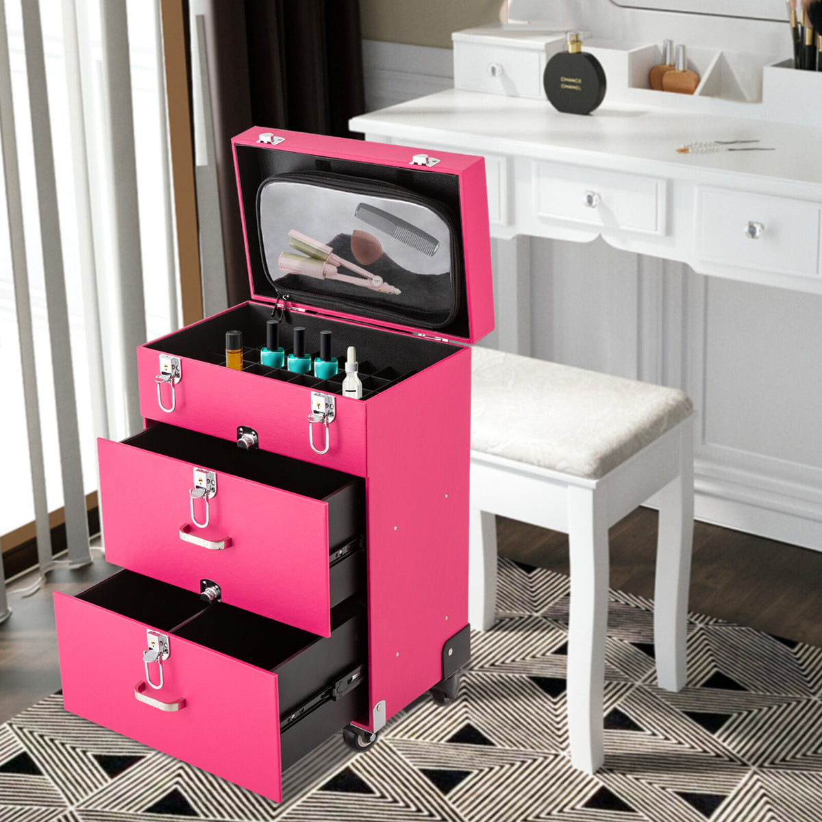 Large Capacity Rolling Makeup Train Case with Locking Compartments and Wheels