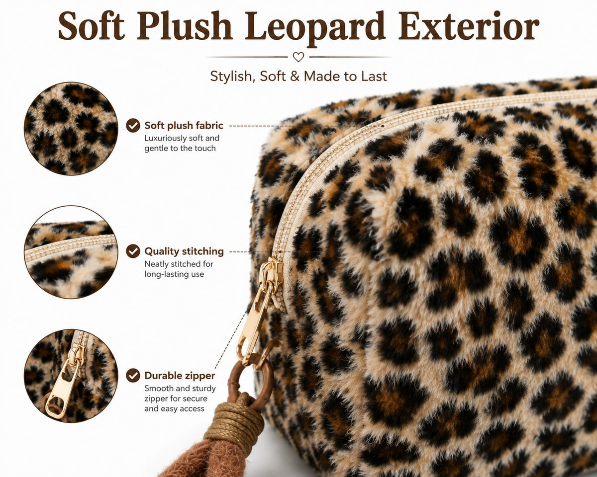 Leopard Plush Cosmetic Travel Toiletry Makeup Bag with Wristlet - Beige