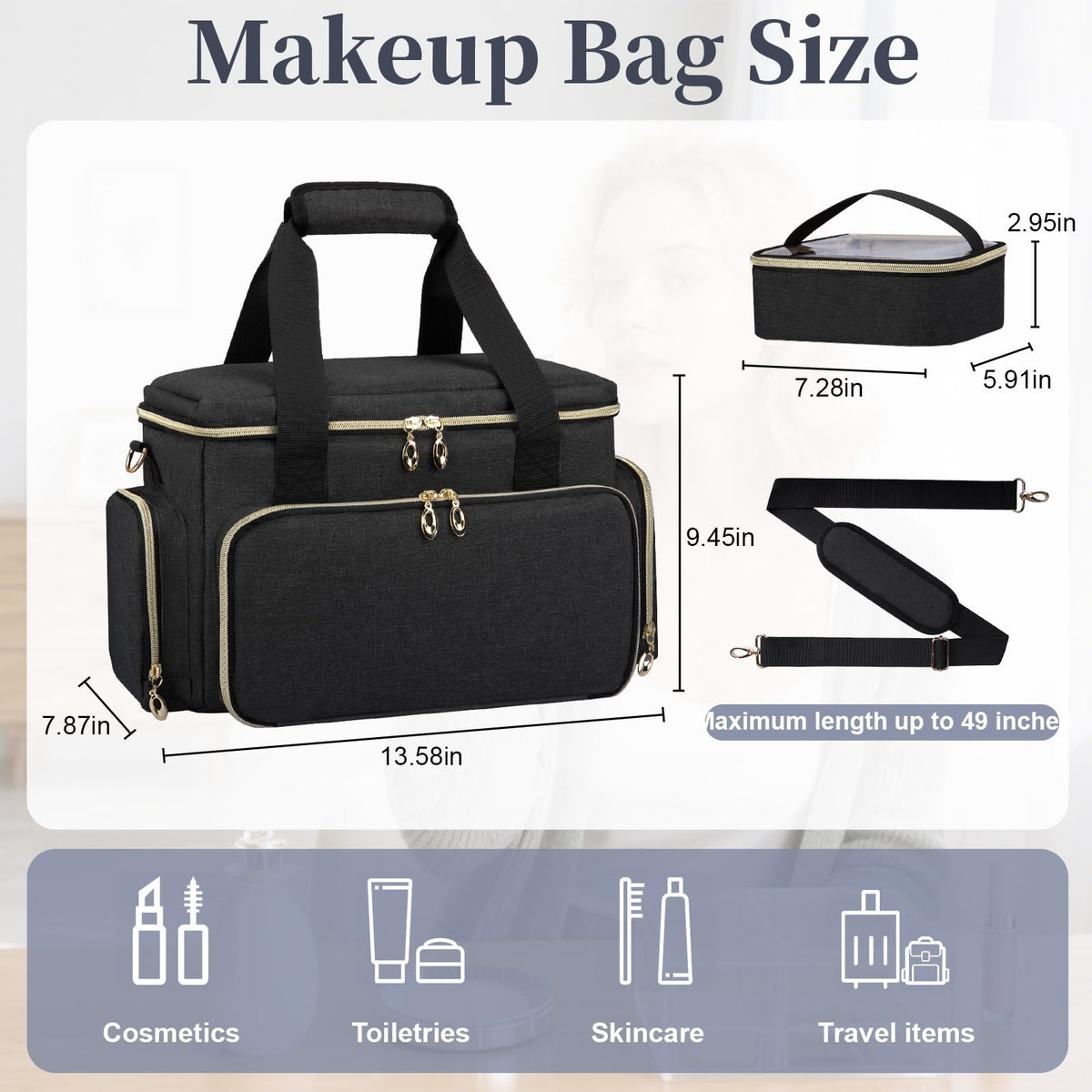 Large Travel Makeup Bag Organizer with Brush Compartments - Black