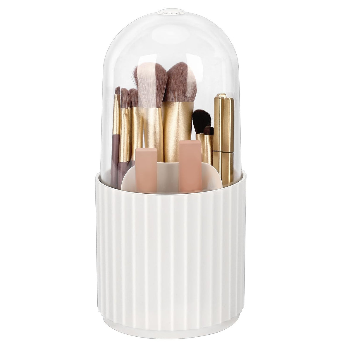 Rotatable Makeup Brush Organizer with Lid - 5 Compartments, White