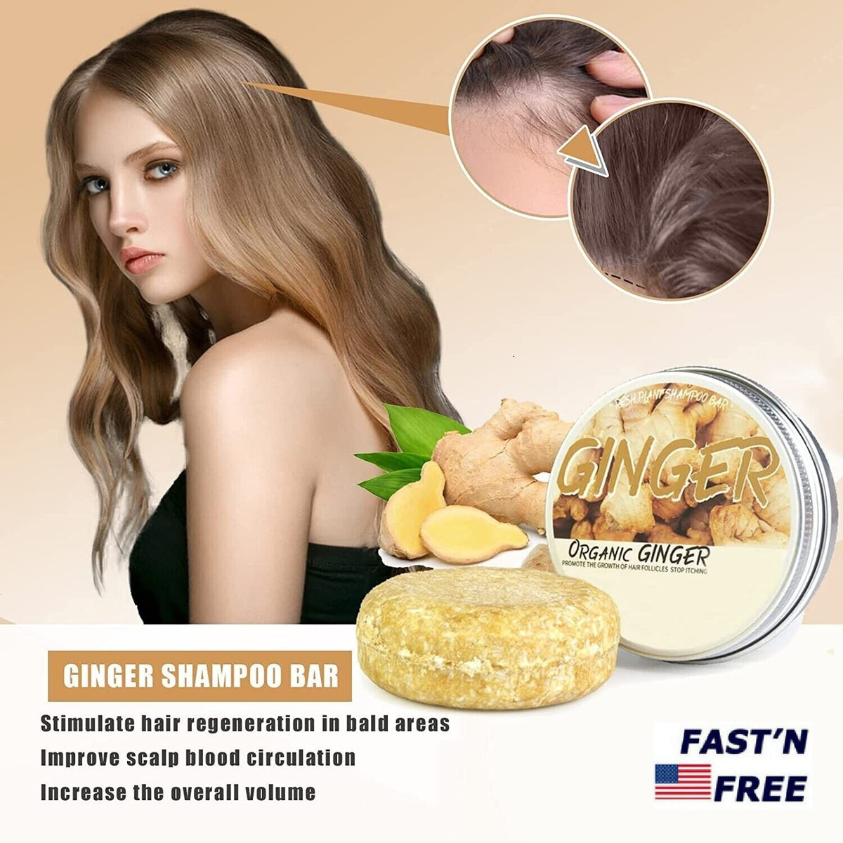 Ginger Hair Regrowth Shampoo Bar for Hair Loss & Damage Repair - Natural Hair Growth Soap
