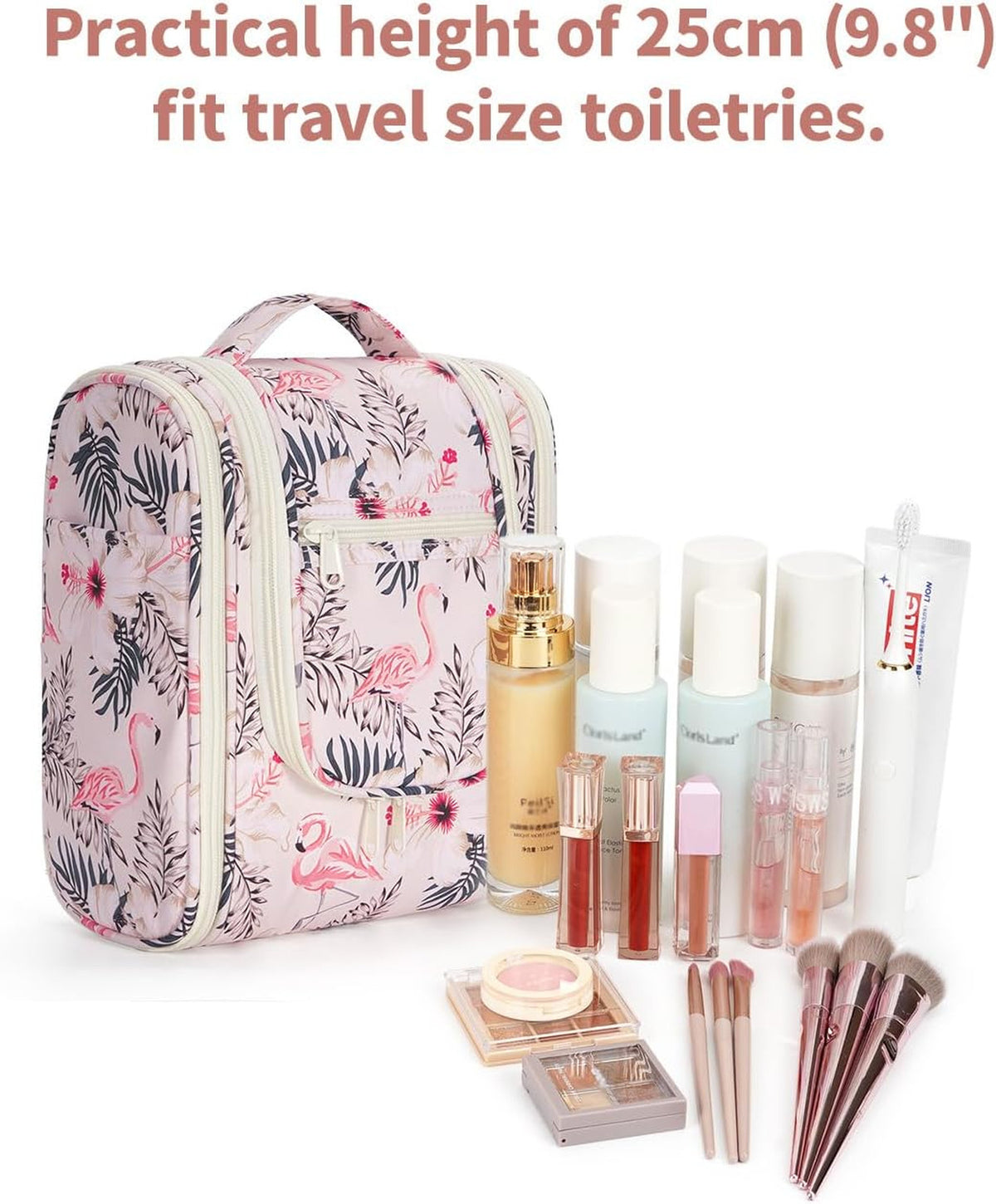 Travel Toiletry Bag Women Small Organizer with Hook Beige Bird Medium