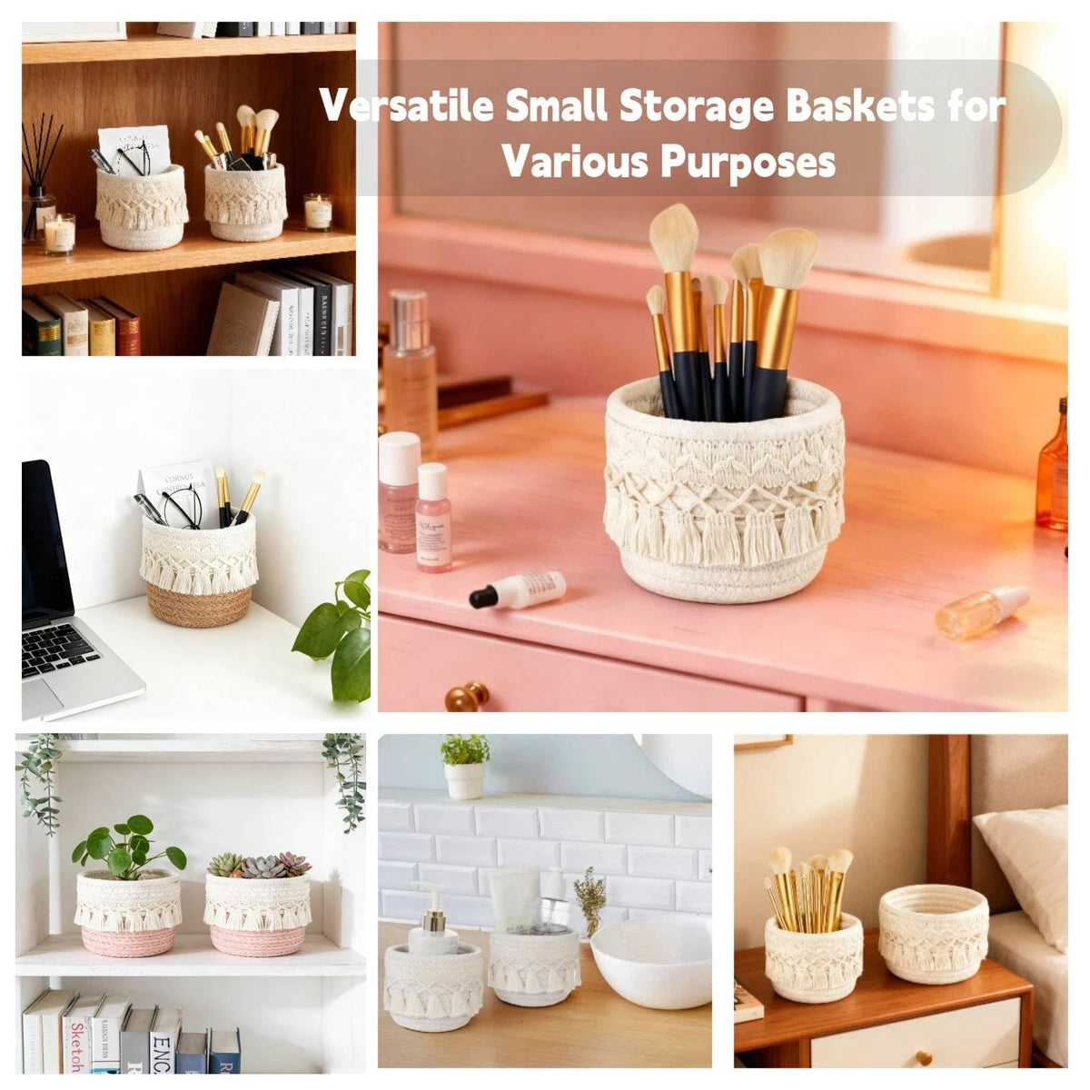 Macrame Makeup Brush Holder Organizer Set - Boho Decor Storage, White & Brown