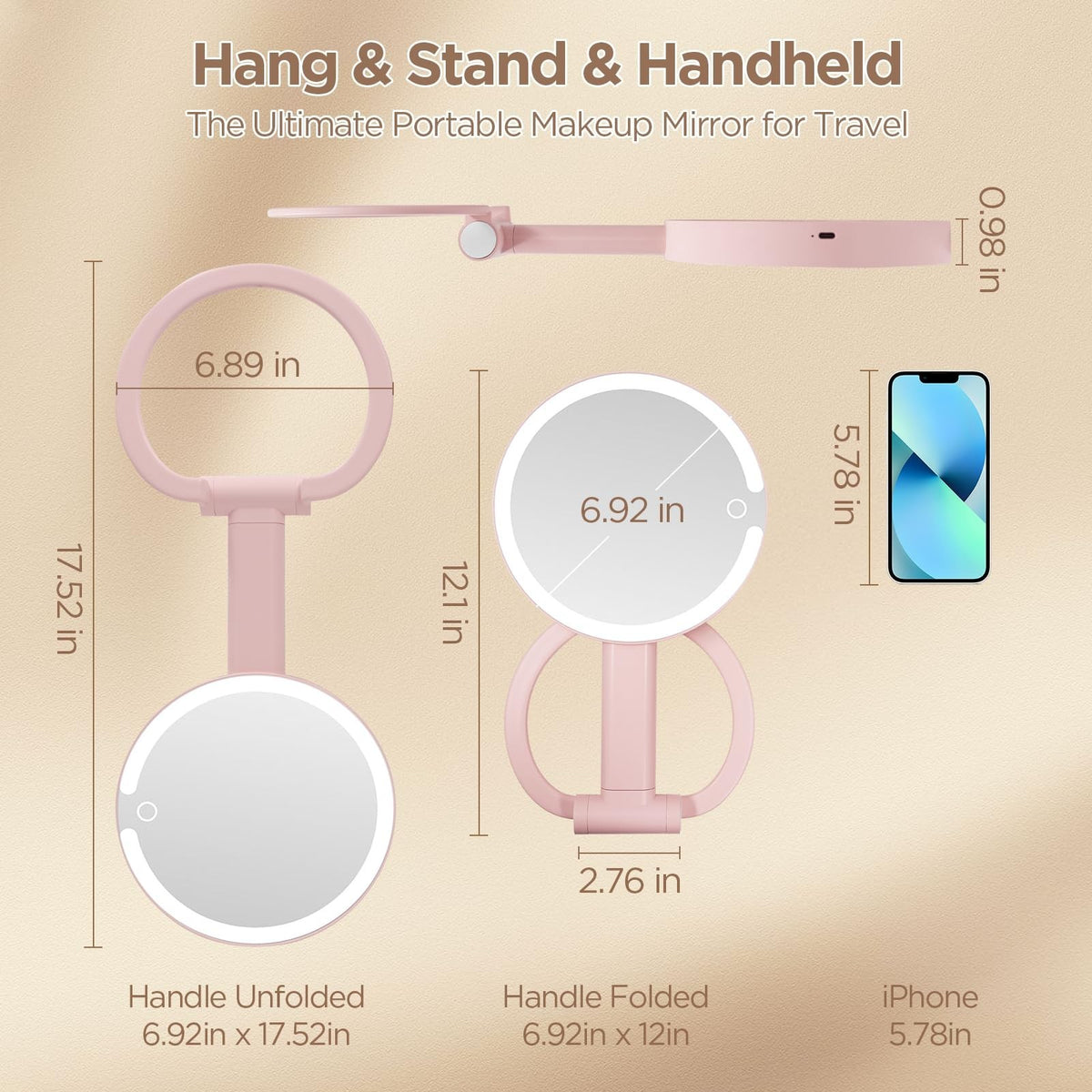 LED Makeup Mirror with Lights, Dimmable 3 Color Modes, 10X Magnification, Portable Vanity with Touch Control - Pink