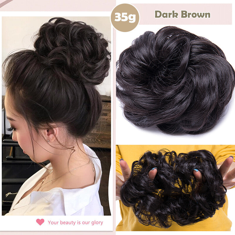 Natural Human Hair Messy Bun Ponytail Extensions with Curly Scrunchie Updo