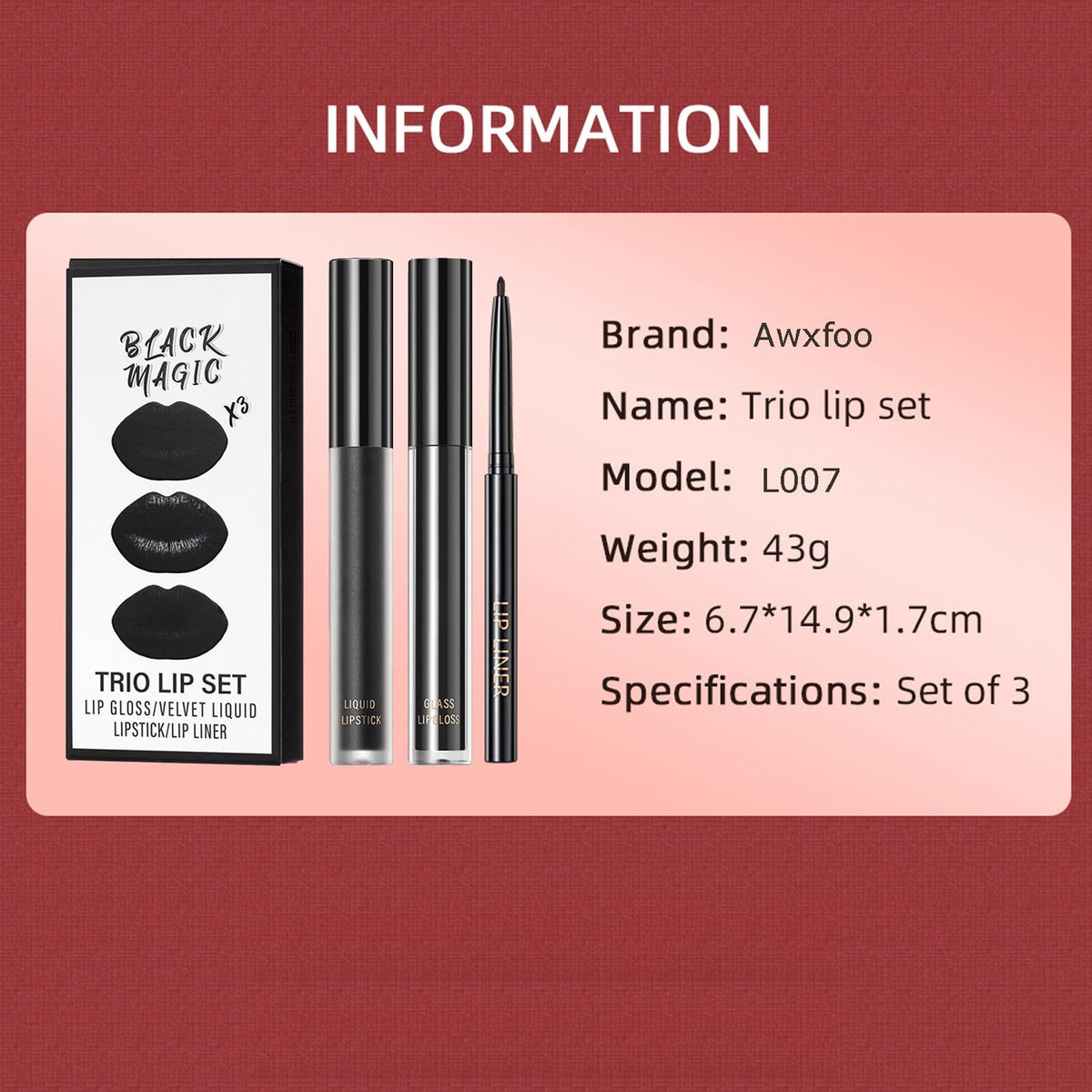 Black Lipstick and Lip Liner Set - 3-Piece Matte Lip Makeup Kit