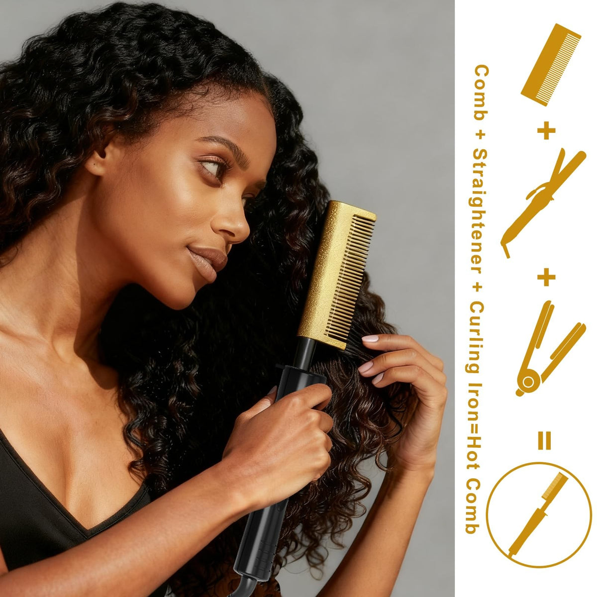 Electric Hot Comb for Natural Hair - 2 Inch Wide, Fast Heating, Gold