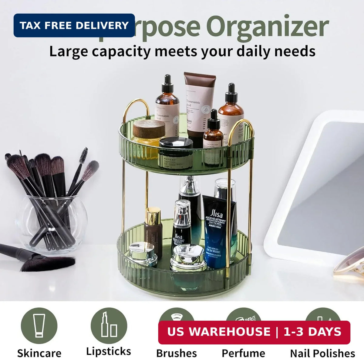 360 Rotating Makeup Organizer for Vanity and Skincare, 2-Tier Large Capacity Storage