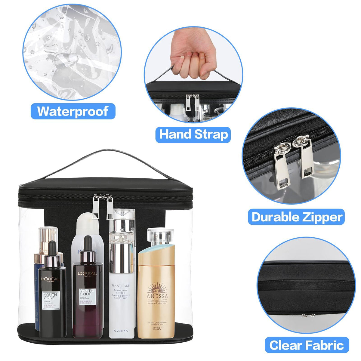Heavy Duty Leak Proof Clear Travel Cosmetic Bag with Handle - Large, Transparent, Waterproof Toiletry Organizer