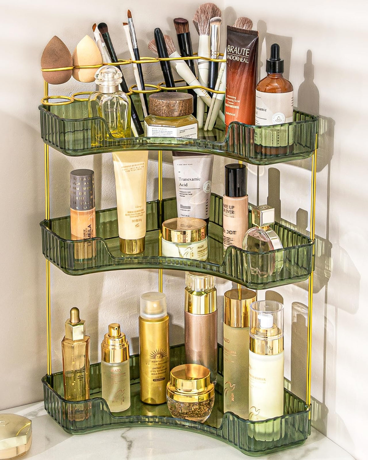 3-Tier Corner Makeup Organizer for Vanity and Bathroom Countertop