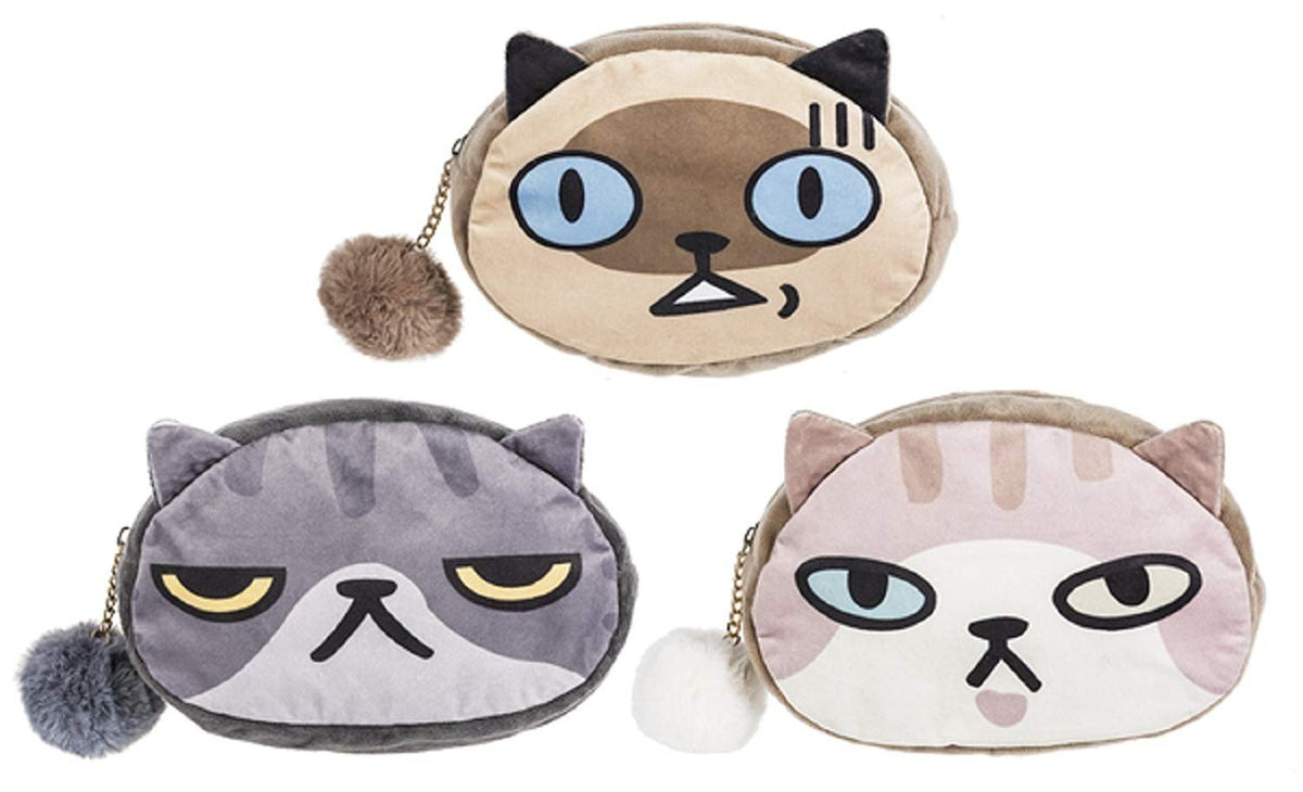 Pet Lover Cat Cosmetic Bag with Pom Pom Zipper - Brown Cat Design