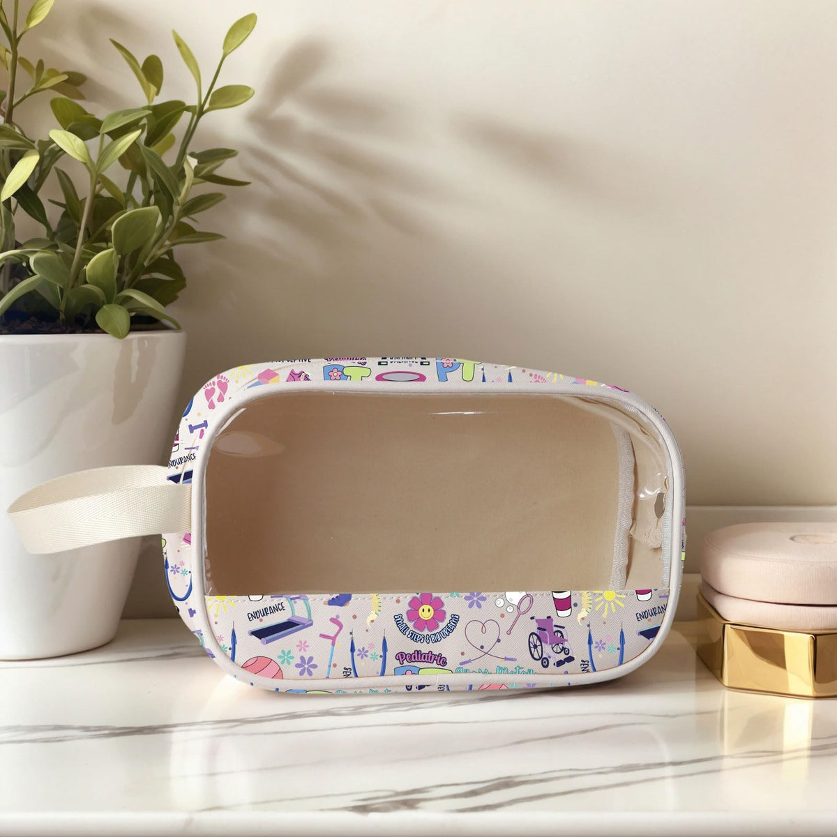 Clear Makeup Bag with Marble Print - Large Capacity Zippered Cosmetic Organizer