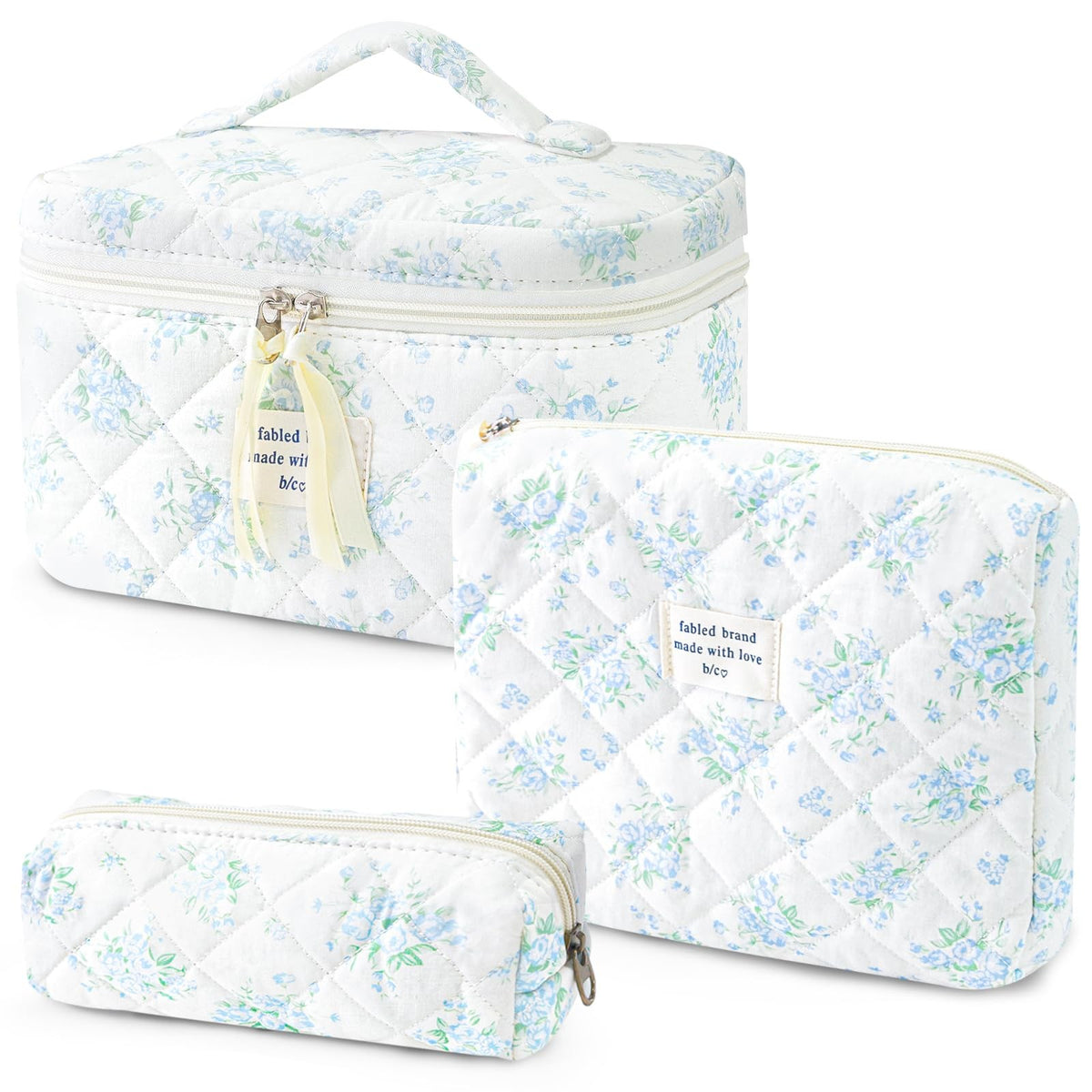 Cotton Quilted Floral Makeup Bag Set – 3Pcs Large Cosmetic Bags for Women