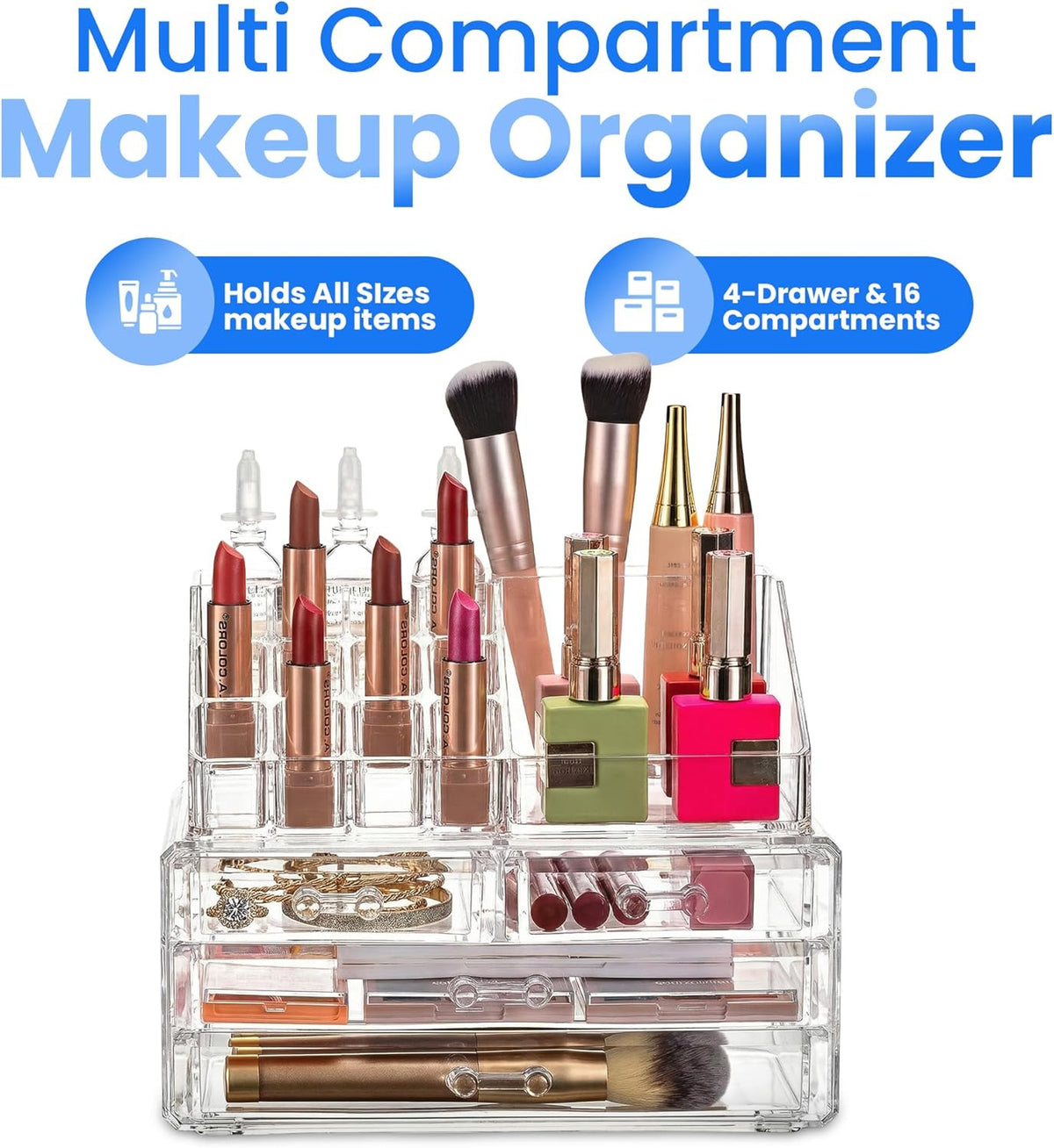 Clear Makeup Organizer with 4 Drawers & 16 Compartments for Vanity Storage