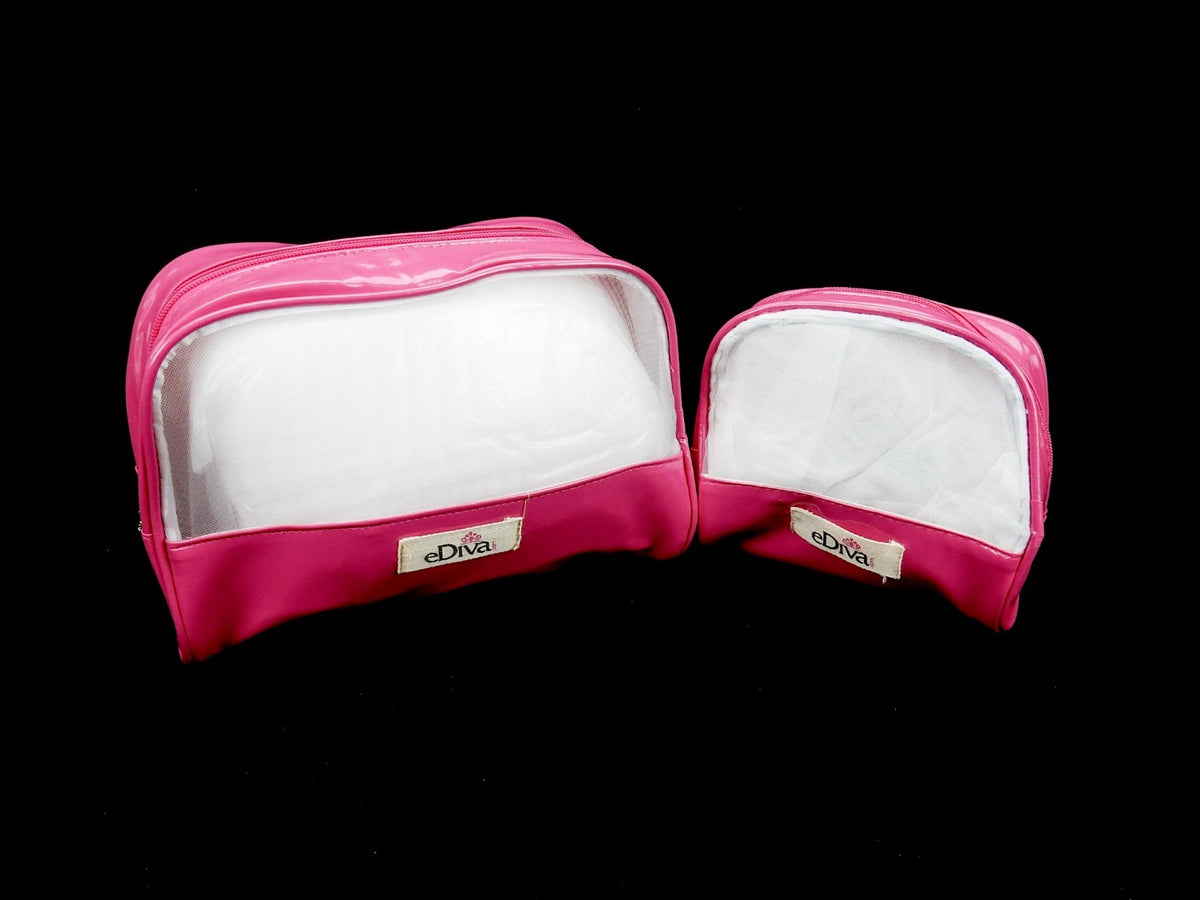 Set of 2 Vinyl Makeup Pouches - Fuschia Shell with Sheer Side Panels