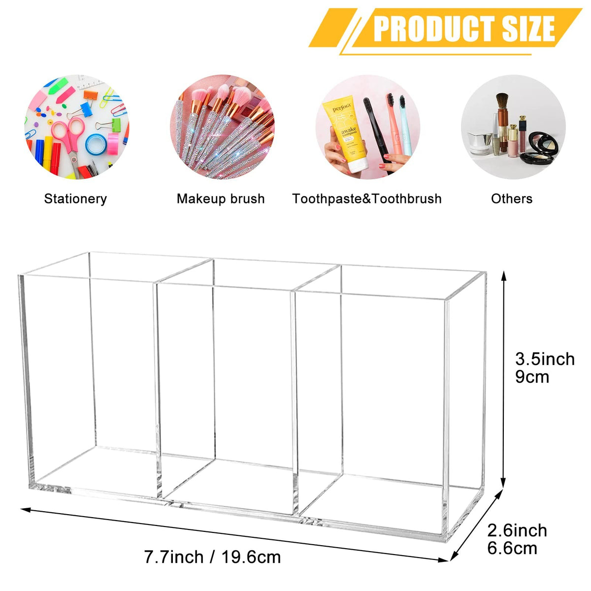 Acrylic Makeup Brush Organizer with 3 Slots - Clear Cosmetic Storage Holder