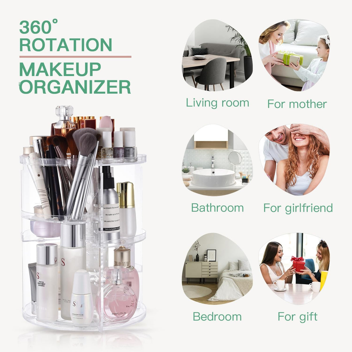 Rotating Makeup Organizer with Adjustable Trays and Large Capacity
