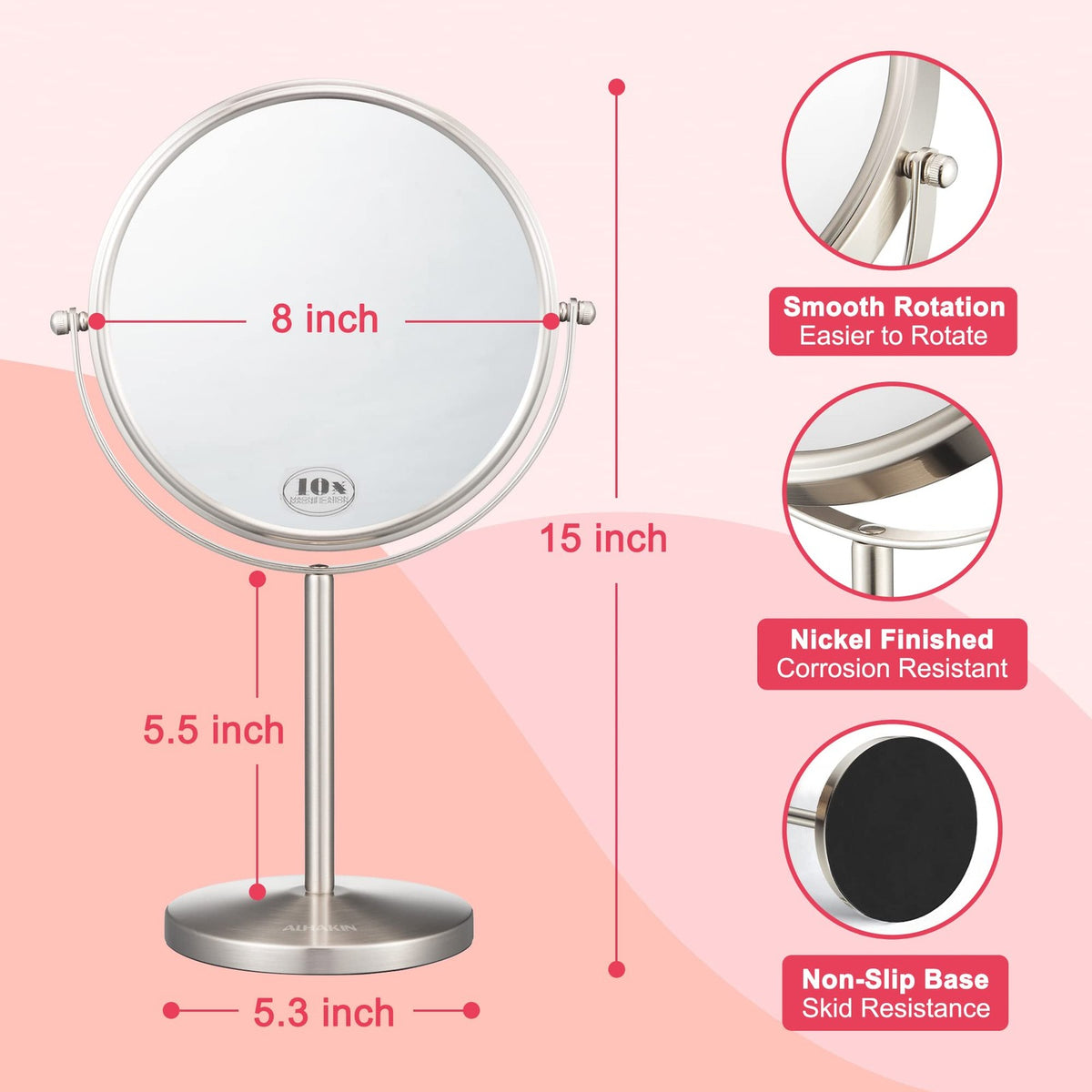 8 Inch Double-Sided Magnifying Makeup Mirror with 1X/10X Zoom, Tabletop Stand, Nickel Finish