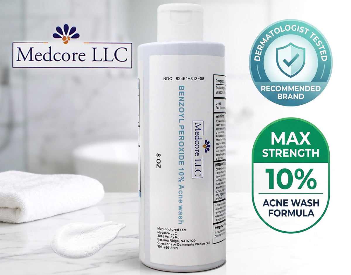Medcore Benzoyl Peroxide 10% Acne Wash - Maximum Strength Face & Body Cleanser 8oz 3 Pack