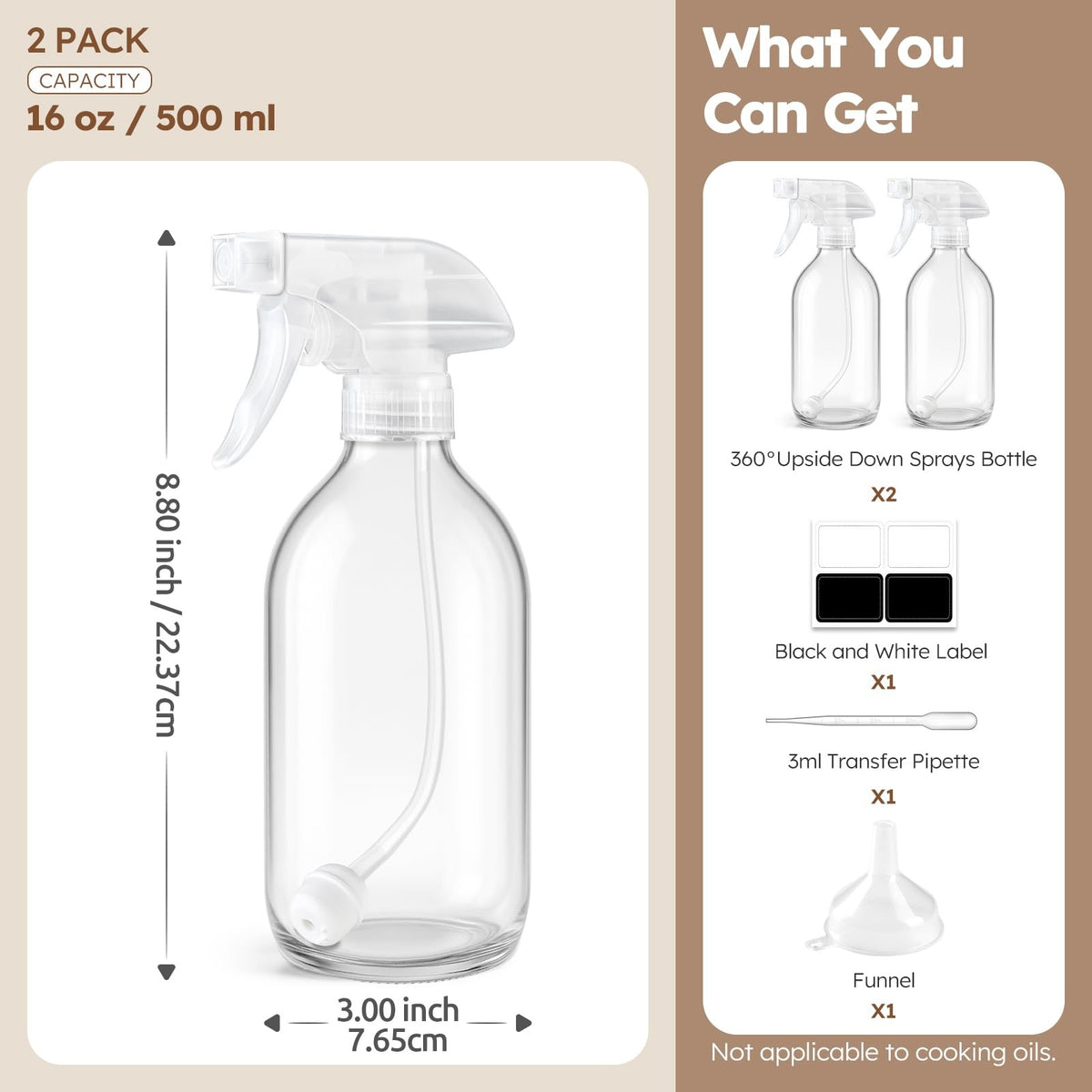 16 oz Glass Spray Bottles Set - Refillable Multi-Purpose Fine Mist Containers