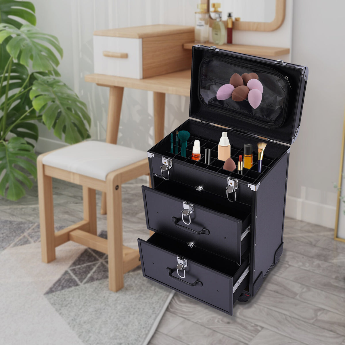 Professional Rolling Makeup Train Case with Multi-Layer Storage and Durable Aluminum Frame