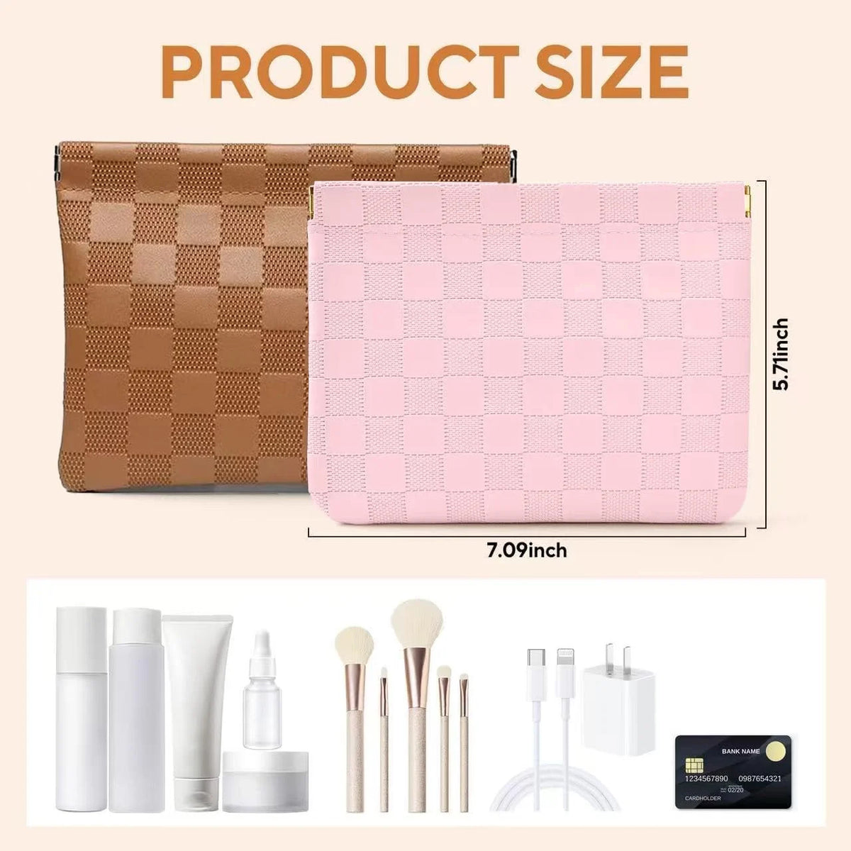 Small Waterproof Checkered Makeup Bag Set - Portable Travel Toiletry Pouches