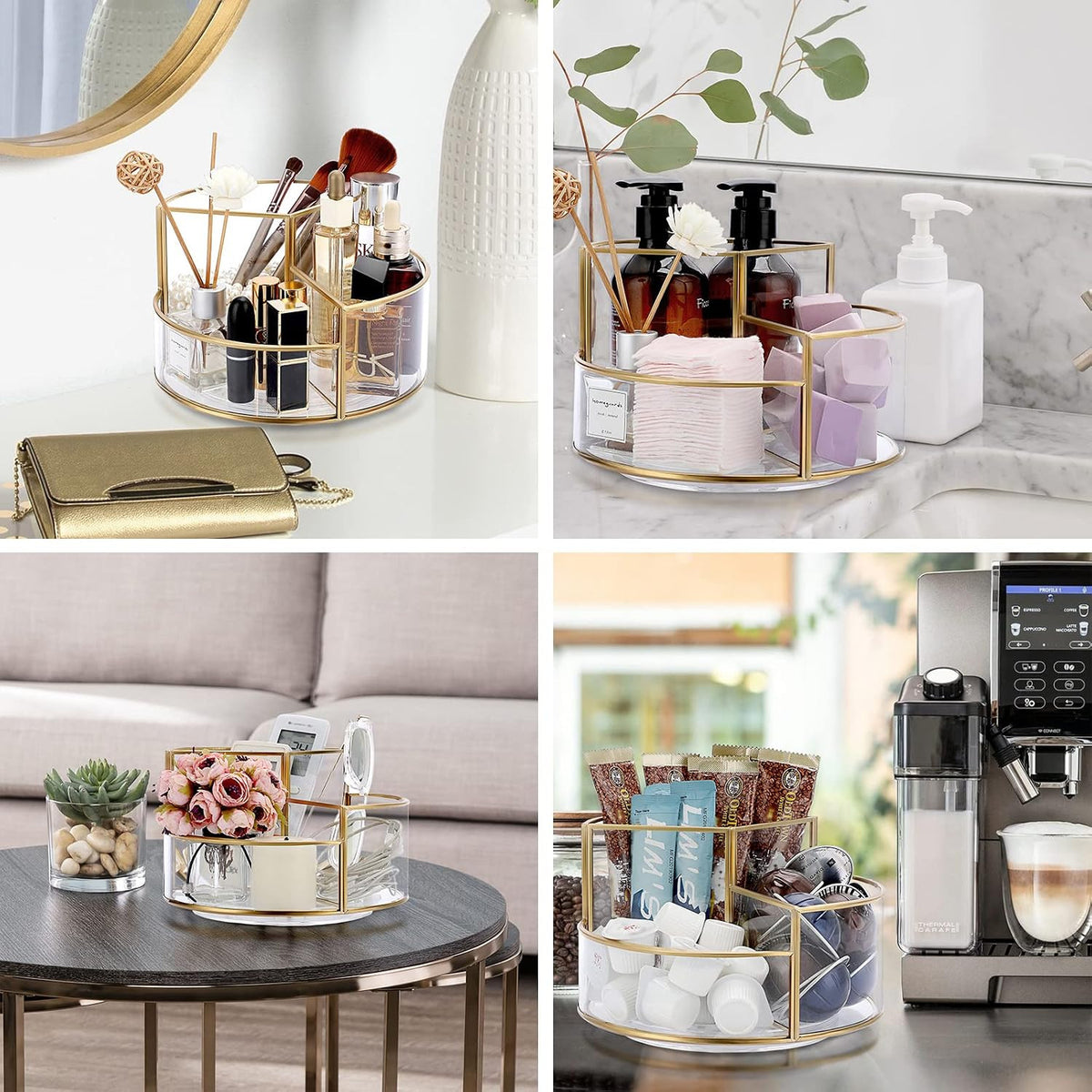 Rotating Makeup Organizer with 3 Slots - Gold Glass Vanity Storage