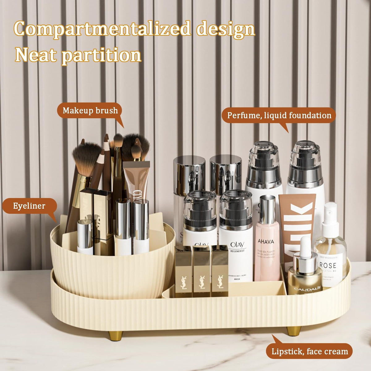 Rotating Makeup Organizer with Brush Holder - Vanity Storage with Dust Cover
